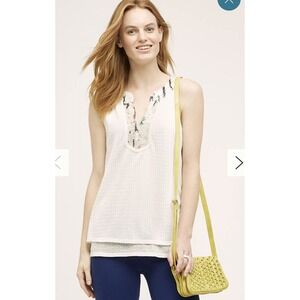 Anthropologie Tiny Brand Tank Top Sz L Cassia Ivory Navy Pink Sequin Trim Knit